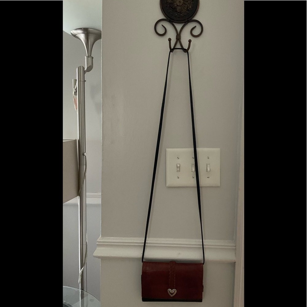 Brighton Black/Brown Embossed & Braided Leather Silver Heart Crossbody Wallet